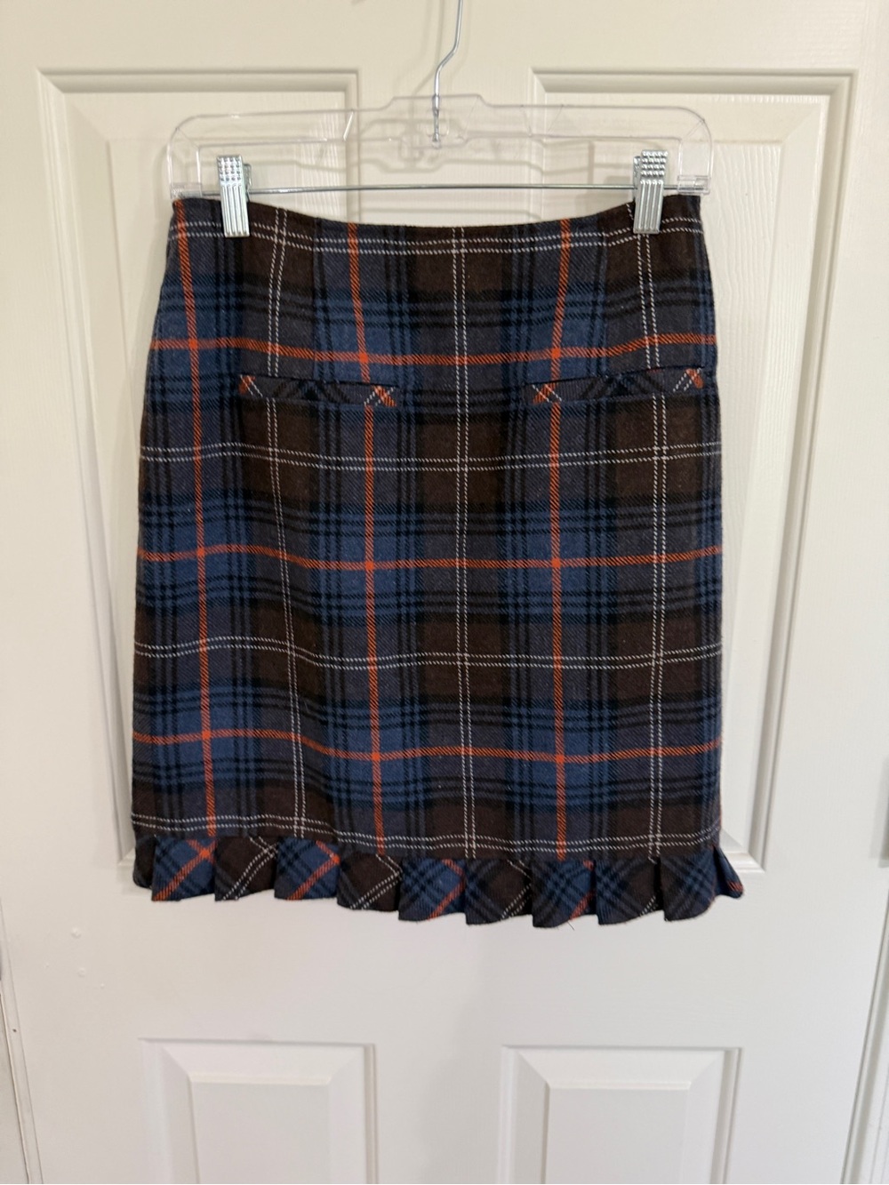 CAbi Plaid Mini Skirt in Blue, Brown & Orange with Ruffle Hem